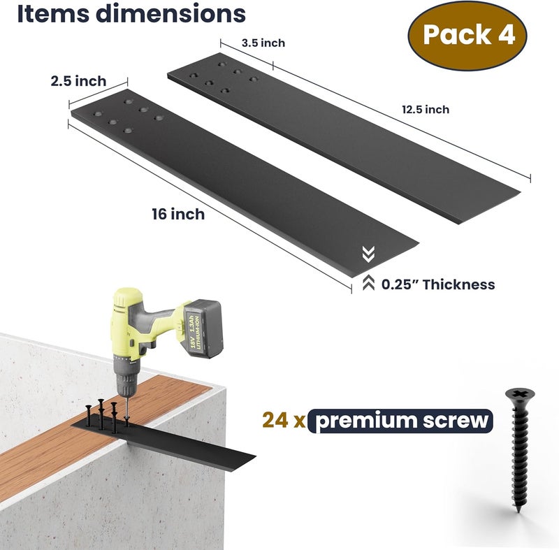 BATODA 16" Countertop Mounted Support Brackets (4 pcs) for Granite - Heavy Duty L Shelf Bracket - DIY Open Shelving Knee Wall Support - Mounting Hardware Included (Pack 4) - Image 3